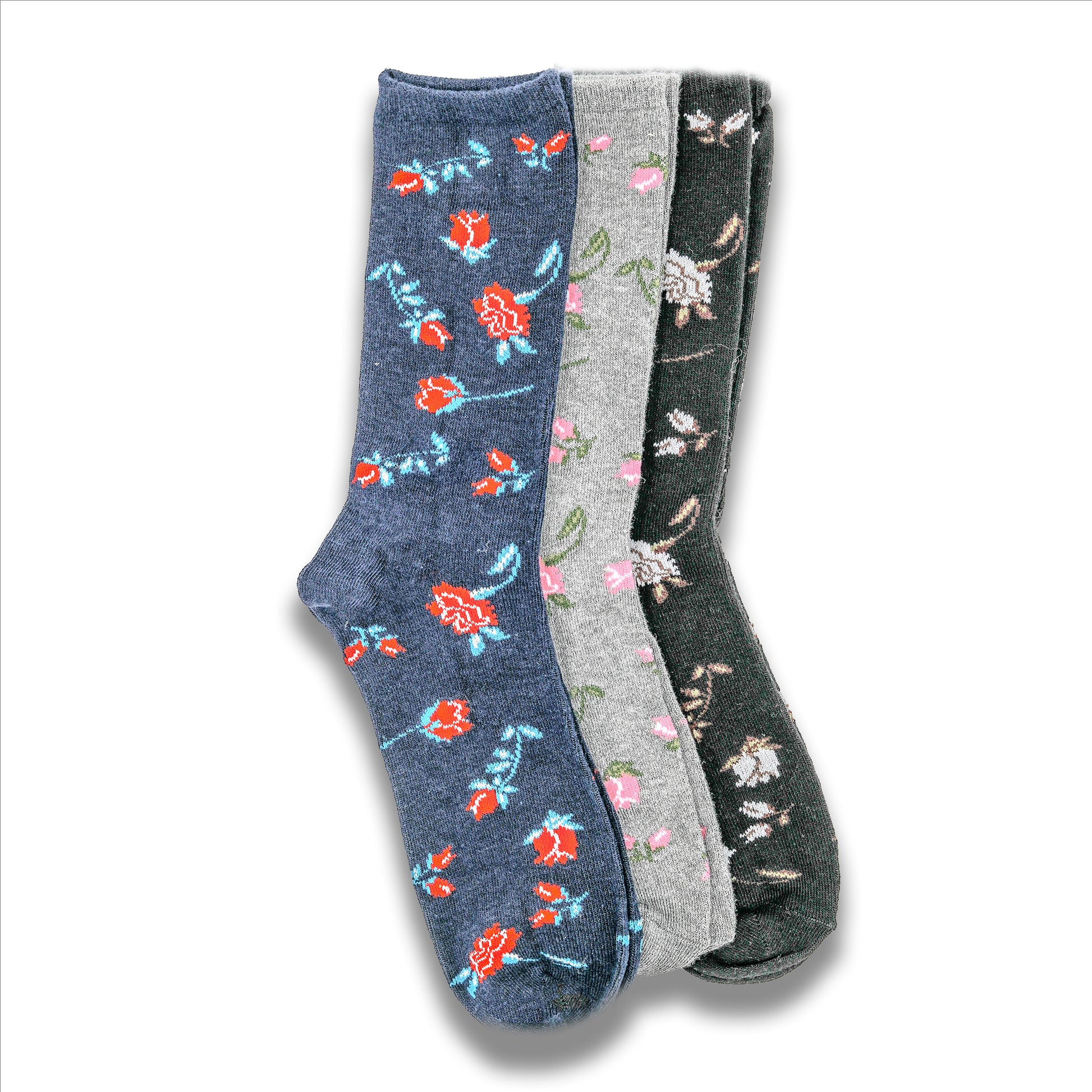 3-Pack Ladies Bamboo Rose Patterned Crew Socks – Amity