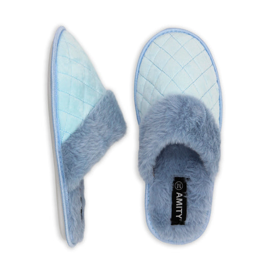 Ladies Closed Toe Quilted Slippers with Faux Fur