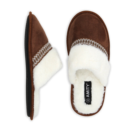 Ladies Closed Toe Faux Suede Slippers with Faux Fur