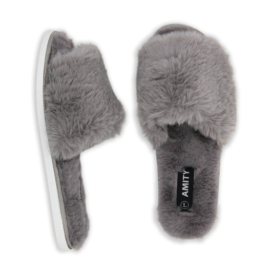 Ladies Open Toe Soft Faux Fur Slippers