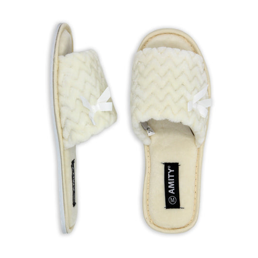 Ladies Open Toe Zig Zag Quilted Slippers With Bow